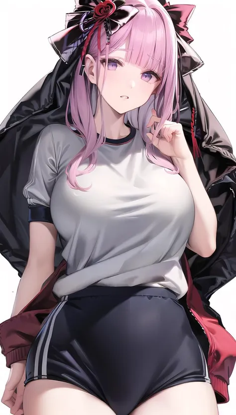 anime girl with pink hair and black shorts posing for a picture