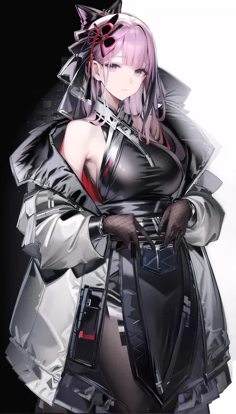 a woman in a black and white outfit with a sword