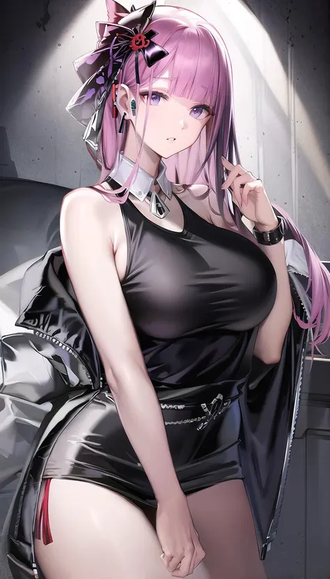 a close up of a person in a black dress with a pink hair