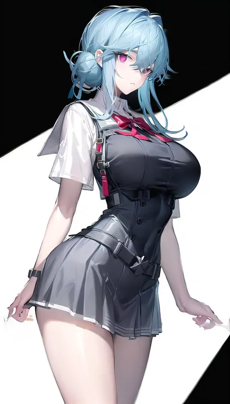 anime girl with blue hair and a short skirt posing for a picture