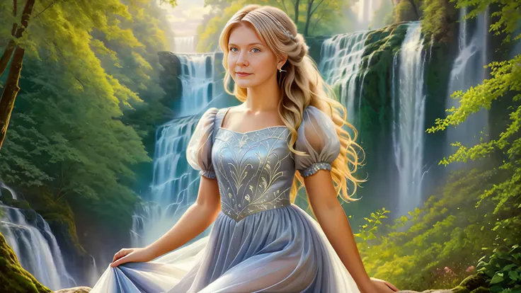 a woman in a blue dress sitting on a rock near a waterfall