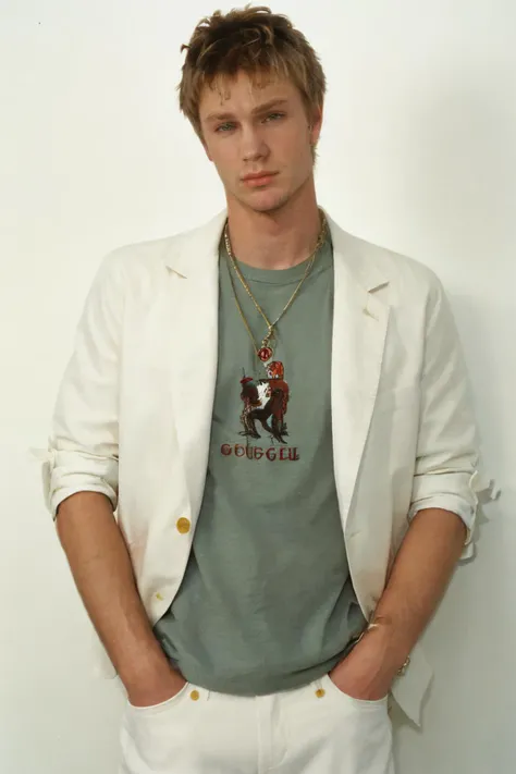 dg_ChadMM, photo of man modeling Gucci clothes taken by (Terry Richardson:1) in front of white wall, <lora:dg_ChadMM:1>, intricate details