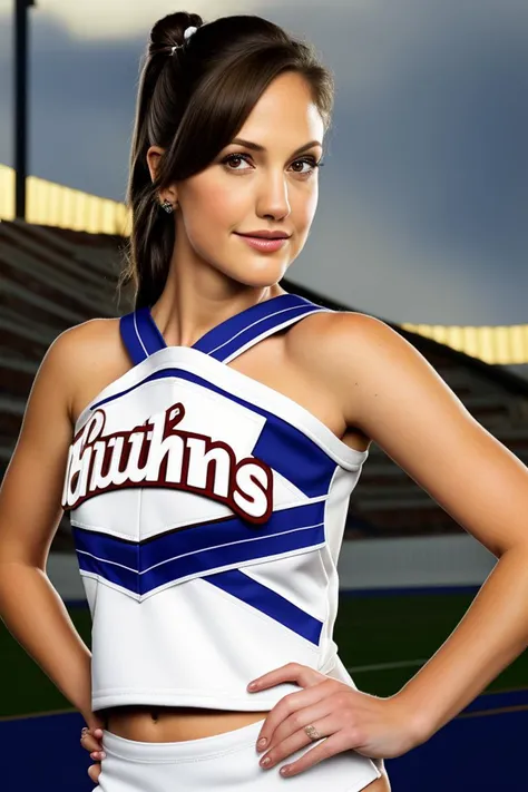 a photograph of brunette (LylaGarrity:0.99), Wearing a blue and white (cheerleaders vest:1.2) with a (blue ribbon in her hair:1.2), (tight hairbun:1.1), with a stadium in the background, (lips:0.553992509841919),(portrait:0.4834848940372467),(brown hair:0....