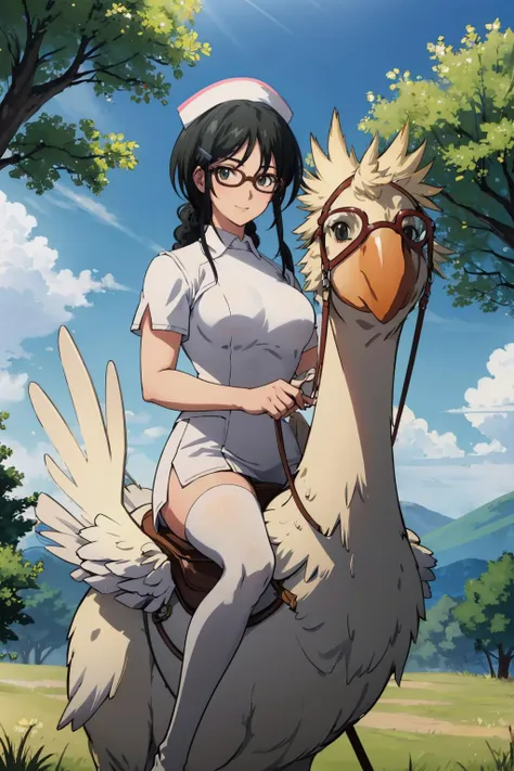 anime girl riding a large bird in a field