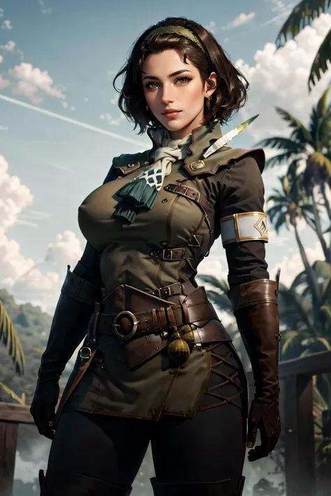 (masterpiece, best quality, ultra detailed, absurdres)1.5, 1girl, (sexy, beautiful woman, perfect face, perfect eyes, perfect female body, huge breasts)1.5, (serious handler, hairband, green uniform, black gloves, black pants, belt, scarf, knee boots, shor...