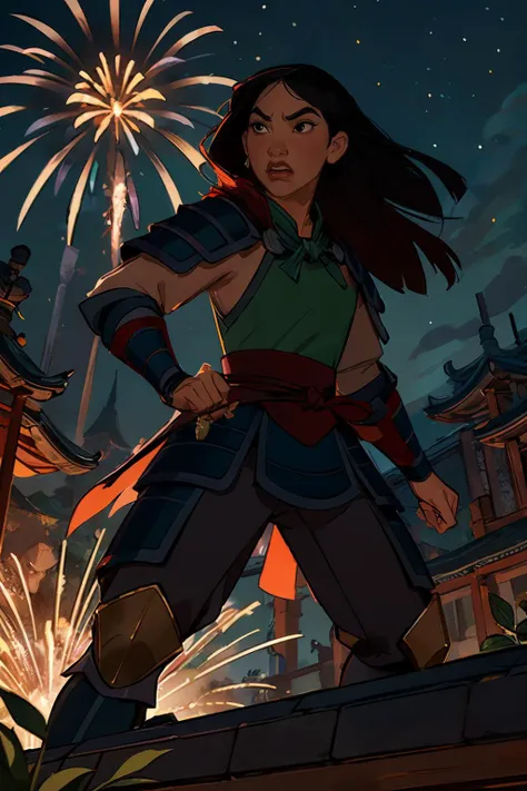 Mulan, long black hair, black eyes,armor, shoulder armor, pauldrons, pants, looking serious, angry, upper body shot, action pose, outside, china, plaza, night time, fireworks, dark, from_below, high quality, masterpiece,   <lora:Mulan:.7>