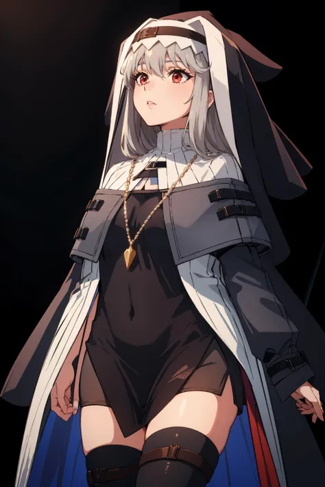 masterpiece, best quality,  <lora:arknights_specter-17:1> specterdef, nun, habit, black dress, long sleeves, capelet, black pelvic curtain, black thighhighs, necklace, black background, spotlight, looking up