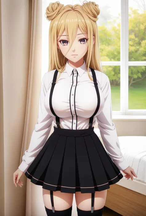 (suspender skirt:1.4), black skirt, white shirt, long sleeves, striped thighhighs <lora:mmukuroo:0.8>mmukuro,blonde hair, double bun, very long hair, long bangs, hair between eyes,big breasts, <lora:Iselestia_style:0.3>, anime style, anime colors,detailed ...