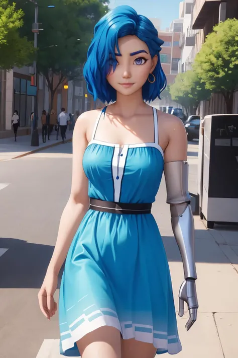 <lora:tari-nvwls-v1:1> tari, hair over one eye, blue summer dress, single mechanical arm, content face, slight smile, park, strolling