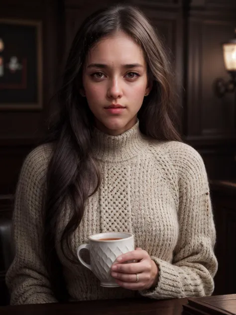 arafed woman in a sweater holding a cup of coffee