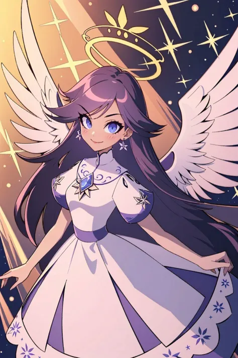 a close up of a cartoon character with a dress and wings