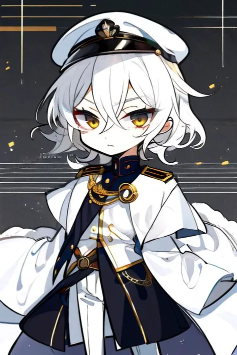 solo, 1boy, straight hair, hair between eyes, disdain, white hair, short shaggy hair, white clothes, (white military uniform:1.2), yellow eyes, (white military hat:1.1), science fiction, tsurime,  <lora:Tsurime3:0.85> , au (d elete, <lora:au_d_elete_offset...