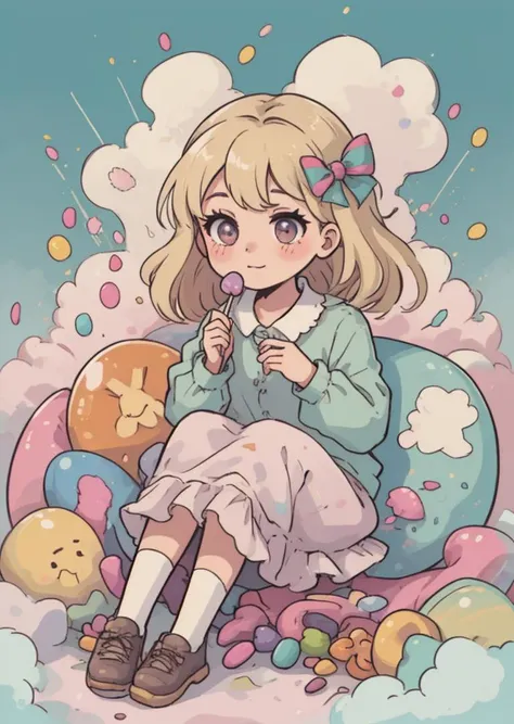 a cartoon girl sitting on a cloud with balloons and a candy