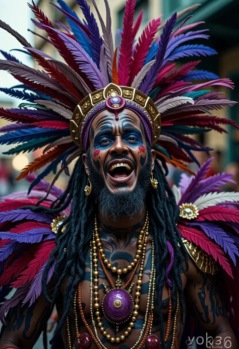 a photograph of a voodoo man with a screaming facial expression wearing an elaborate diverse colorful feathered costume, analog ...