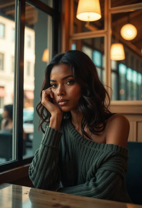 mysterious shy black woman in a french cafe, off-shoulder sweater, perfect hands. highly detailed eyes, fading backlit backgroun...