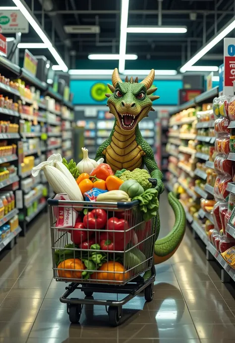 a dragon shopping at the store pushing a shopping cart full of vegetables and snacks, bright fluorescent lighting, cinematic, de...