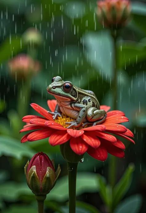 nature photograph, a frog sitting on a red flower in the rain