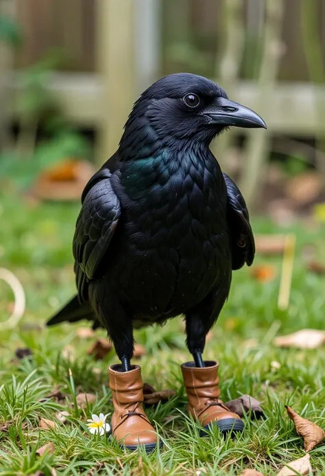 a surreal nature photograph of a (crow wearing little boots on its feet:1.2) in the backyard