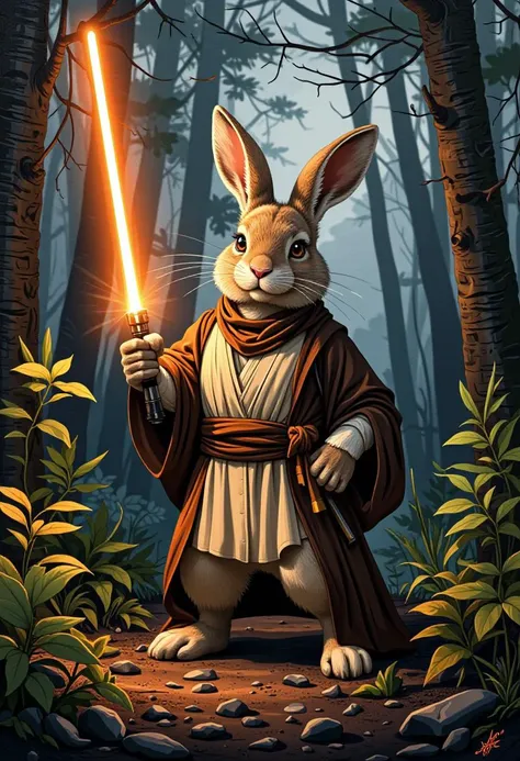 an acrylic a highly detailed photograph of a rabbit jedi standing with an orange lightsaber glowing in the forest