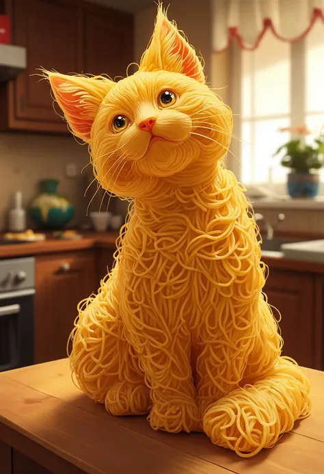 an anime style cat made of spaghetti sitting on the kitchen counter