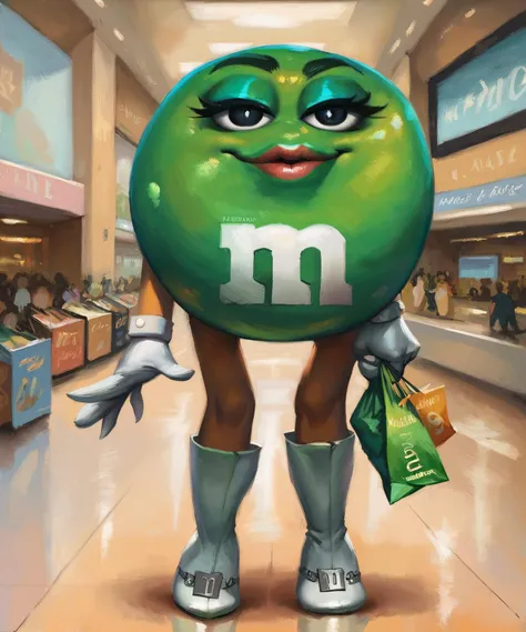 score_9,score_8_up,score_7_up,score_6_up, source_cartoon, oil painting,
msgreen,white gloves,black eyes, green eyeshadow, lips, white boots, looking at viewer, serious, smiling, standing, inside mall, holding shopping bag, crowd, 
<lora:MsGreen:1> <lora:El...