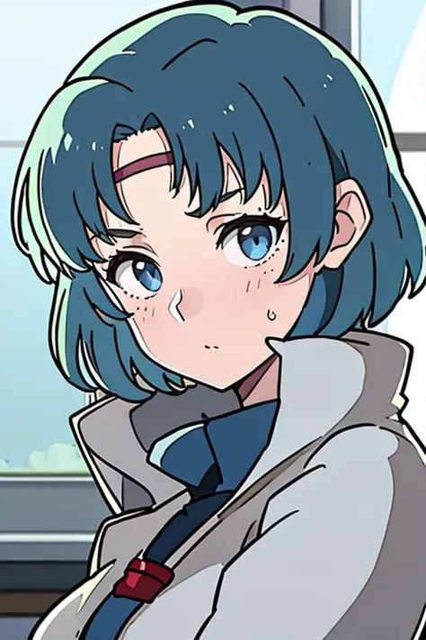 anime girl with blue hair and blue eyes in a white coat