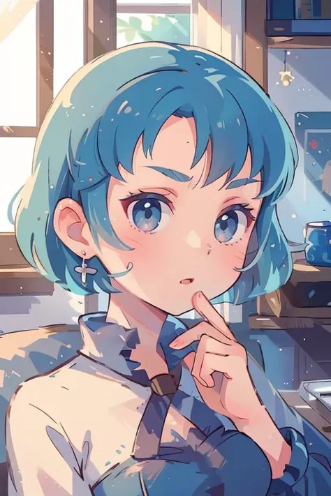 anime girl with blue hair and blue eyes in a room