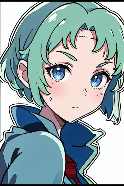 a close up of a person with a green hair and blue eyes