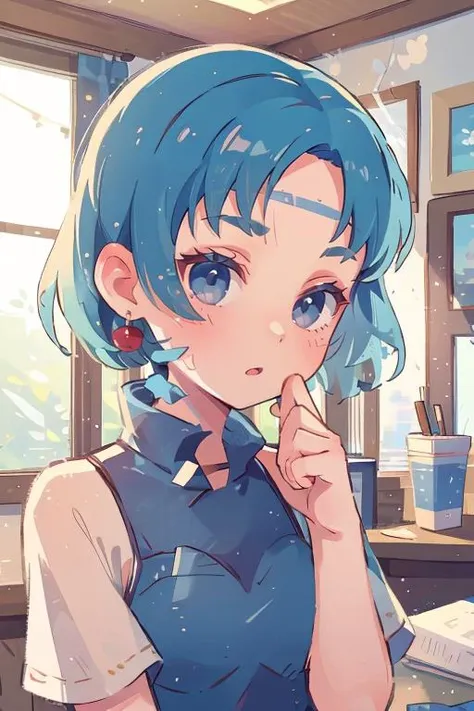 anime girl with blue hair and blue eyes sitting at a desk