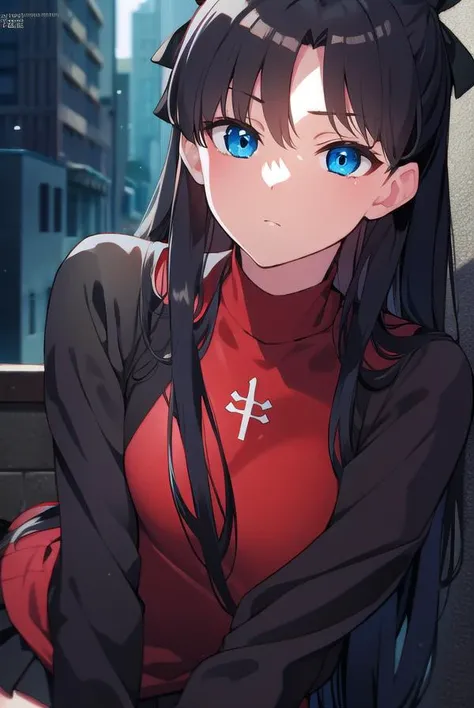 rintohsaka, <lyco:rintohsaka-LYCORIStest:1>, rin tohsaka, aqua eyes, black hair, hair ribbon, long hair, ribbon, sidelocks, two side up,
BREAK black skirt, black thighhighs, long sleeves, miniskirt, pleated skirt, red sweater, skirt, sweater, thighhighs, t...