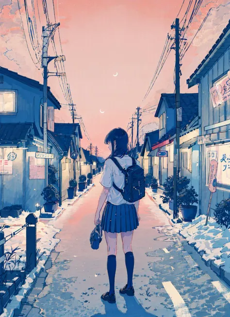 anime girl walking down a snowy street in a city