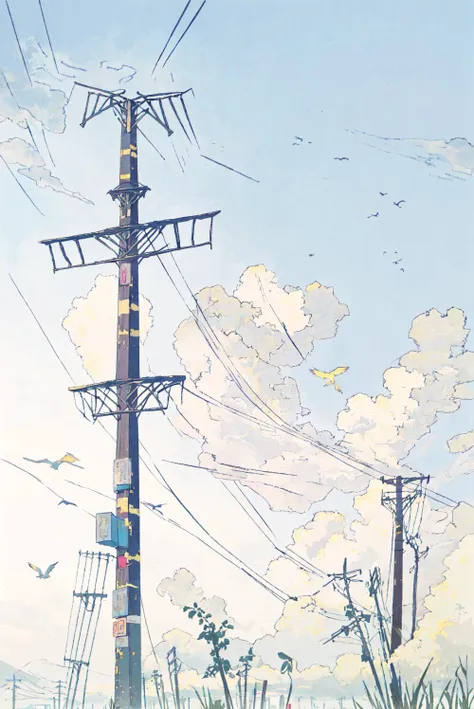 there is a painting of a telephone pole with a sky background