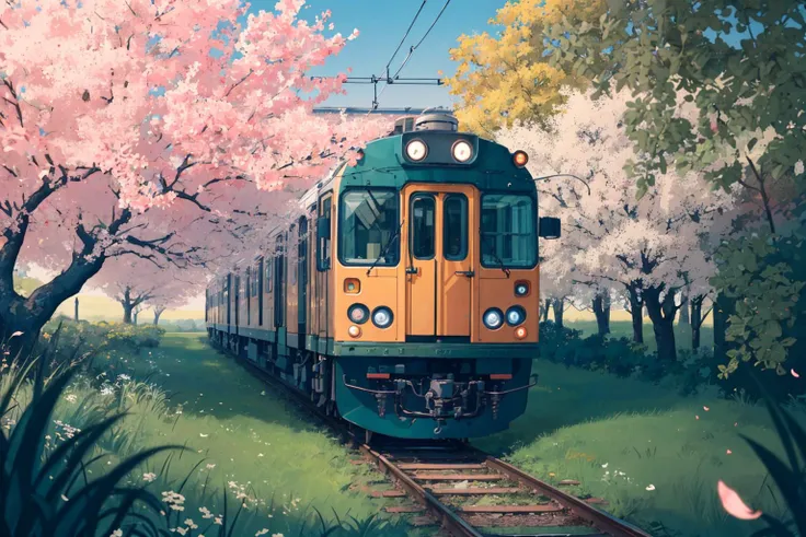 realistic, best quality, 8k uhd, dslr, soft lighting, high quality, film grain, raytracing, extremely detailed CG unity 8k wallpaper,
Japanese train, trees, grass, moss, mossy, cherry blossom, flowers, falling petals,
 <lyco:LohaWhiteDewStyle_lohaV10:1>