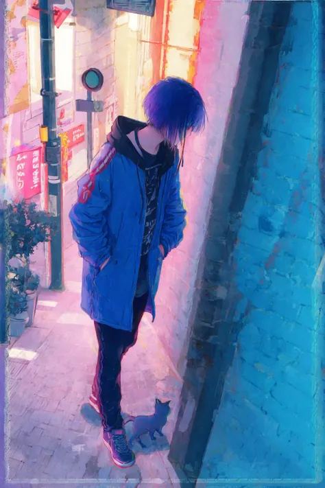 painting of a woman with blue hair and a cat on a city street