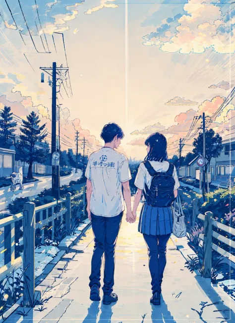 anime couple walking down a bridge holding hands