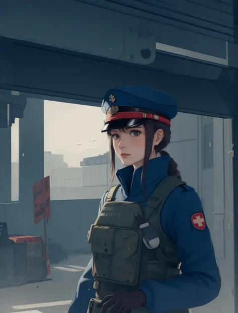 a woman in uniform standing in a building with a gun