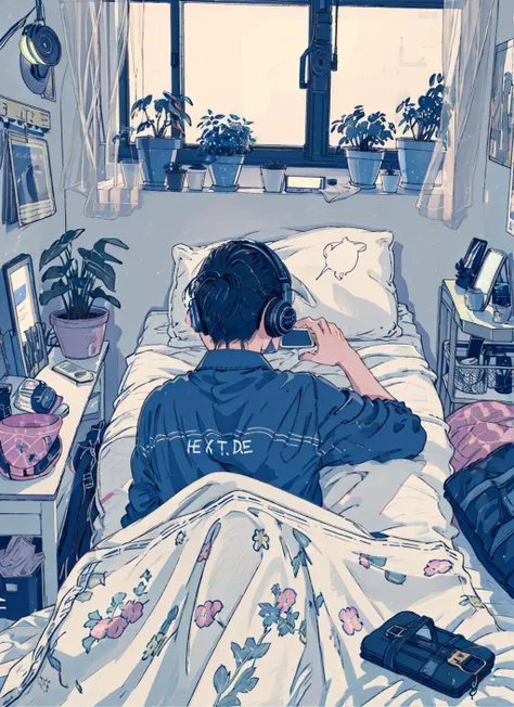 illustration of a man in bed listening to music on his headphones