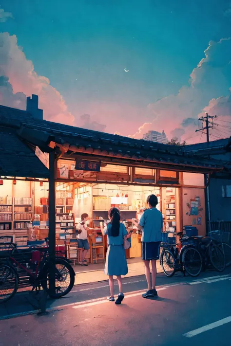 there are two people standing outside of a small store