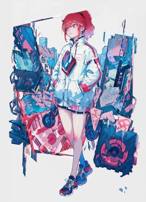 anime girl with red hat and white jacket standing in front of a pile of luggage