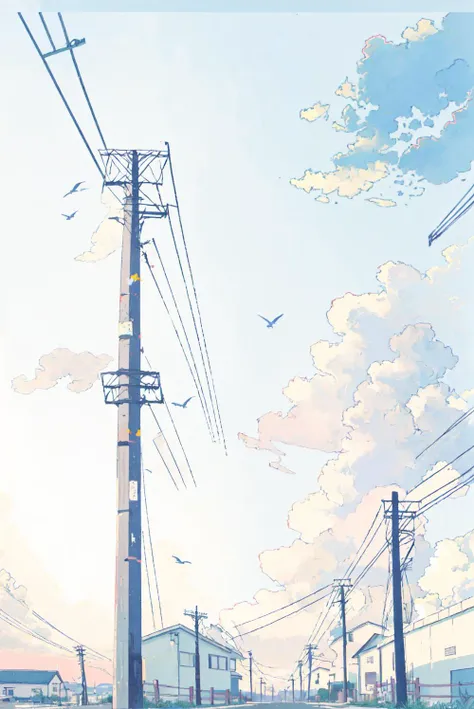 there is a picture of a street with power lines and a bird flying in the sky