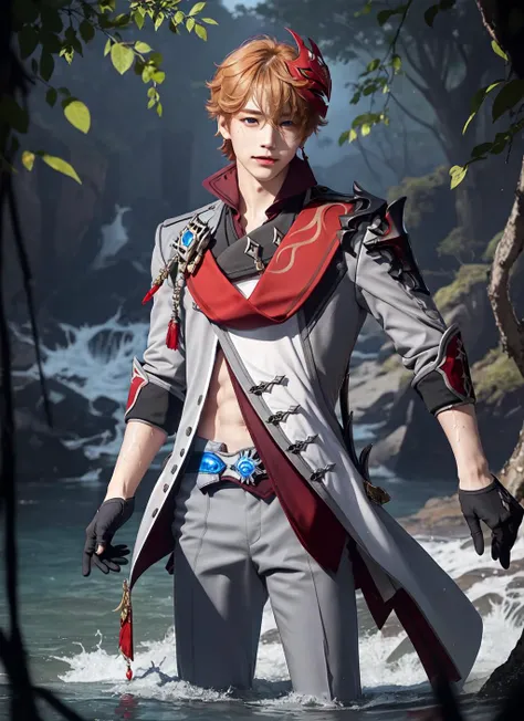 1boy, solo, orange hair, short hair, grey clothing, red ribbon with red ornament, red mask on head, blue eyes, closed mouth, happy, black gloves, water, blue jewelry, black leg ring, red earring, standing, grey pants, tartaglia (genshin impact) <lyco:child...