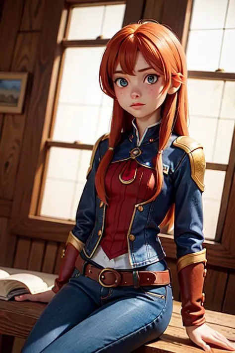 analog photo, a tiny girl, 18yo, (flat chest):0.6, ginger hair, shiny skin, beautiful detailed face, beautiful detailed skin, detailed environment, detailed aquamarine eyes looking at viewer, a girl dressed at jeans sitting in the saddle on a horse, she is...