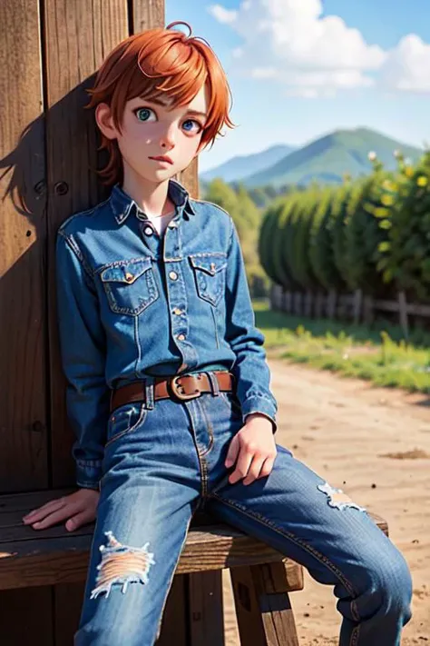 arafed girl sitting on a bench in a denim shirt and jeans