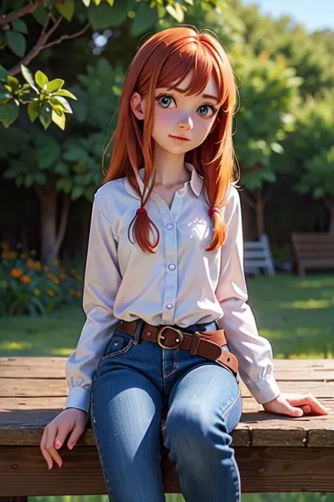 analog photo, a tiny girl, 18yo, (flat chest):0.6, ginger hair, shiny skin, beautiful detailed face, beautiful detailed skin, detailed environment, detailed aquamarine eyes looking at viewer, a girl dressed at jeans sitting in the saddle on a horse, she is...