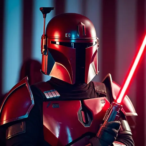 cinematic film still of  <lora:Mandalorian style:1.2>
in star wars universe a man in a red helmet and a red light saber Mandalorian style, shallow depth of field, vignette, highly detailed, high budget, bokeh, cinemascope, moody, epic, gorgeous, film grain...