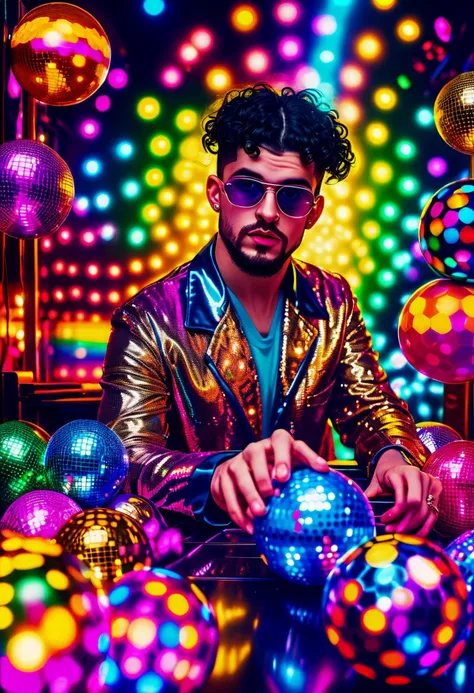 Disco-themed badbunny a man working in a store,  <lora:badbunny:0.5>  . Vibrant, groovy, retro 70s style, shiny disco balls, neon lights, dance floor, highly detailed