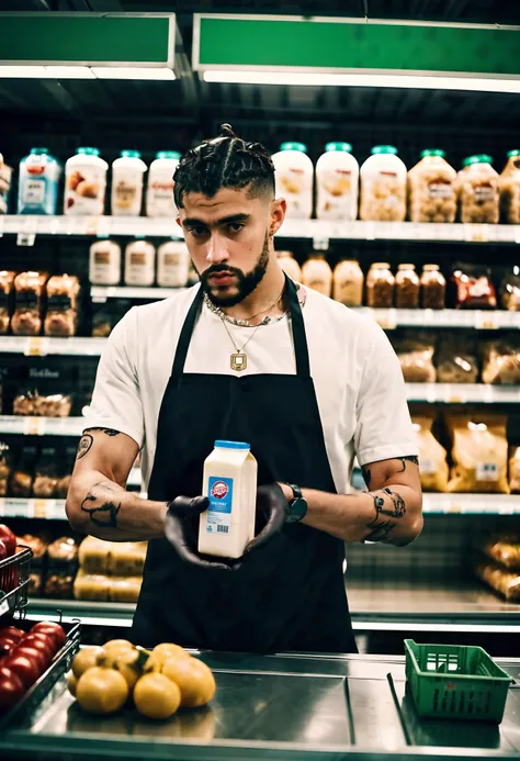 cinematic photo badbunny a man working at a super market in the collection box,  <lora:badbunny:1> . 35mm photograph, film, bokeh, professional, 4k, highly detailed, raw photo,