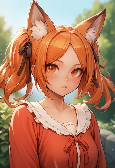 score_9, score_8_up, 1girl, animal ears, solo, twintails, animal ear fluff, looking at viewer, outdoors, upper body, fox ears, orange hair, blurry background, blurry, parted lips, blush, orange eyes, ribbon, shirt, neck ribbon, depth of field, fox girl, co...