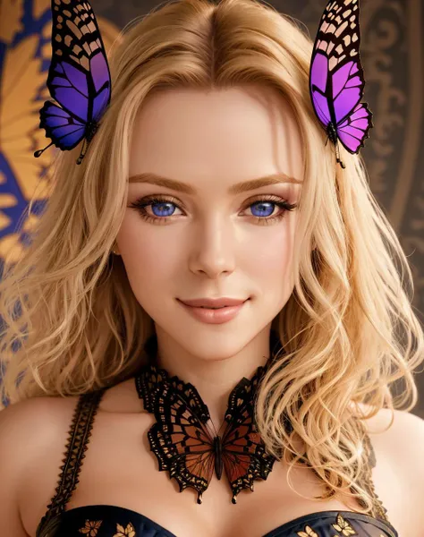 a close up of a woman with butterfly ears and a bra