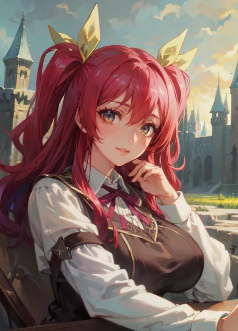 anime girl with red hair sitting in a chair in front of a castle